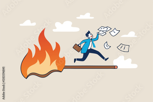 Toxic productivity, panic or burnout employee, overworked to finish work within timeline, hurry to complete multitasking or urgent work schedule concept, productive businessman on burning matchstick.