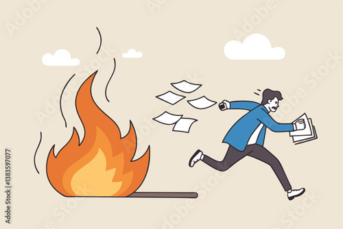 Toxic productivity, panic or burnout employee, overworked to finish work within timeline, hurry to complete multitasking or urgent work schedule concept, productive businessman on burning matchstick.