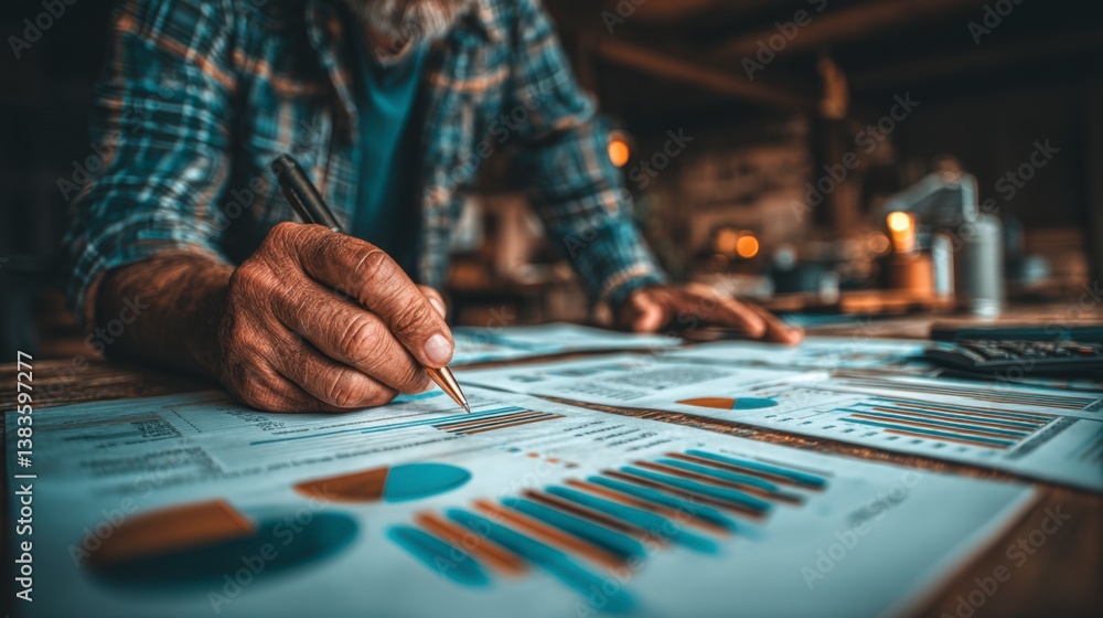 Naklejka premium Close up of weathered hands reviewing financial charts and graphs in a rustic setting.