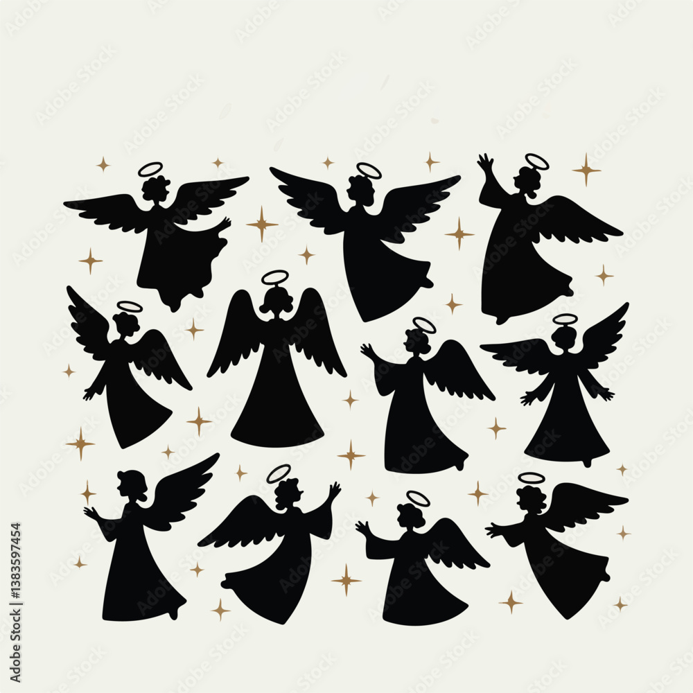Silhouette of Three Angels with Wings and Halos, One Playing Violin, One with Star Wand, and One Praying – Religious Christmas Symbol in Black on White Background Silhouette of Three Angels with Wings and Halos, One Playing Violin, One with Star Wand, and One Praying – Religious Christmas Symbol in Black on White Background