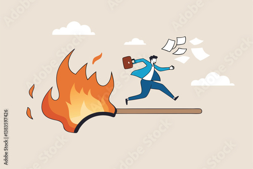 Toxic productivity, panic or burnout employee, overworked to finish work within timeline, hurry to complete multitasking or urgent work schedule concept, productive businessman on burning matchstick.