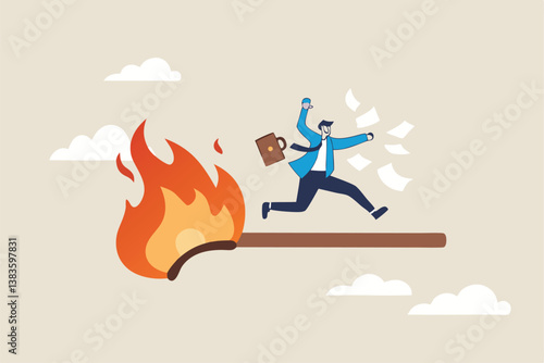 Toxic productivity, panic or burnout employee, overworked to finish work within timeline, hurry to complete multitasking or urgent work schedule concept, productive businessman on burning matchstick.