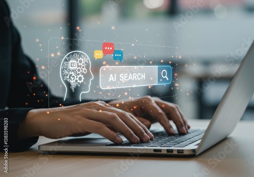 A person uses a laptop, illustrating an AI search concept with a glowing digital interface.