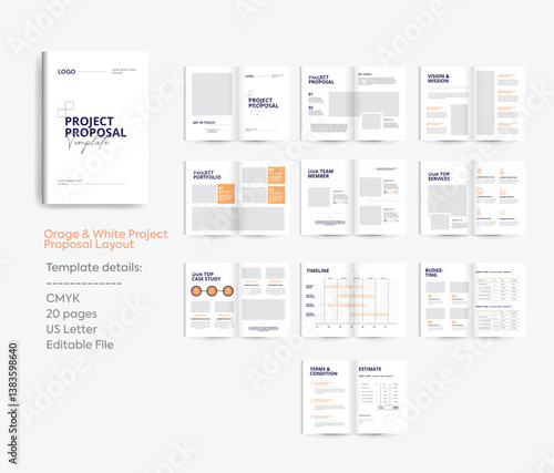 Orange and White Project Proposal Template Layout l 20 Pages with Dark Blue Accents