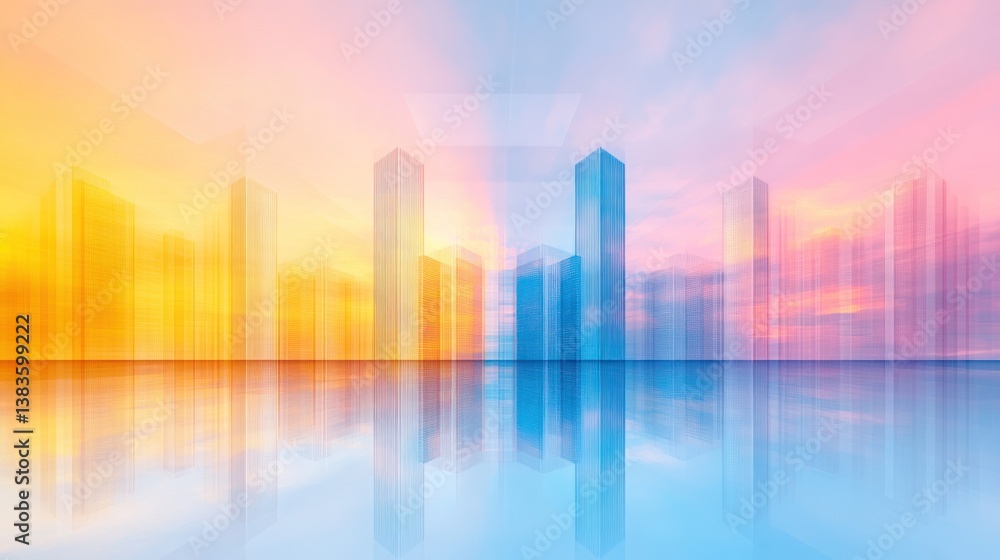 Dreamlike Cityscape at Sunrise: A Pastel Metropolis Reflecting in Calm Waters Dreamlike Cityscape at Sunrise: A Pastel Metropolis Reflecting in Calm Waters