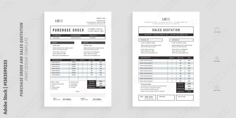 Minimal black and white purchase order and sales quotation design template set Minimal black and white purchase order and sales quotation design template set