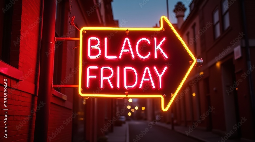Fototapeta premium Bold Black Friday neon sign in fiery red and electric yellow, framed with a dynamic light burst effect, suspended in mid-air against a dark urban alley backdrop