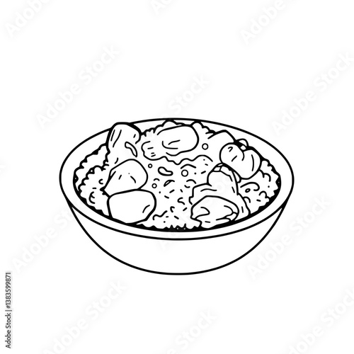 Line Art Illustration Of A Bowl Of Rice With Meat