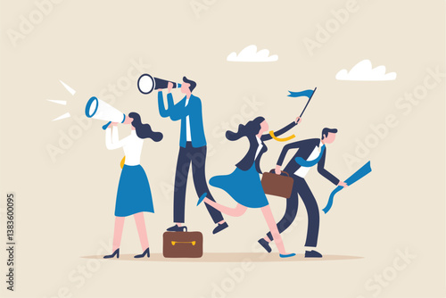 Recruitment, human resources searching for candidate, hiring or finding staff for vacancy, marketing search for client or customer concept, business people searching with binoculars and megaphone.