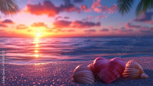 A serene beach sunset with seashells on the warm sandy shore.