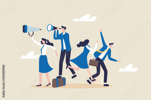 Recruitment, human resources searching for candidate, hiring or finding staff for vacancy, marketing search for client or customer concept, business people searching with binoculars and megaphone.