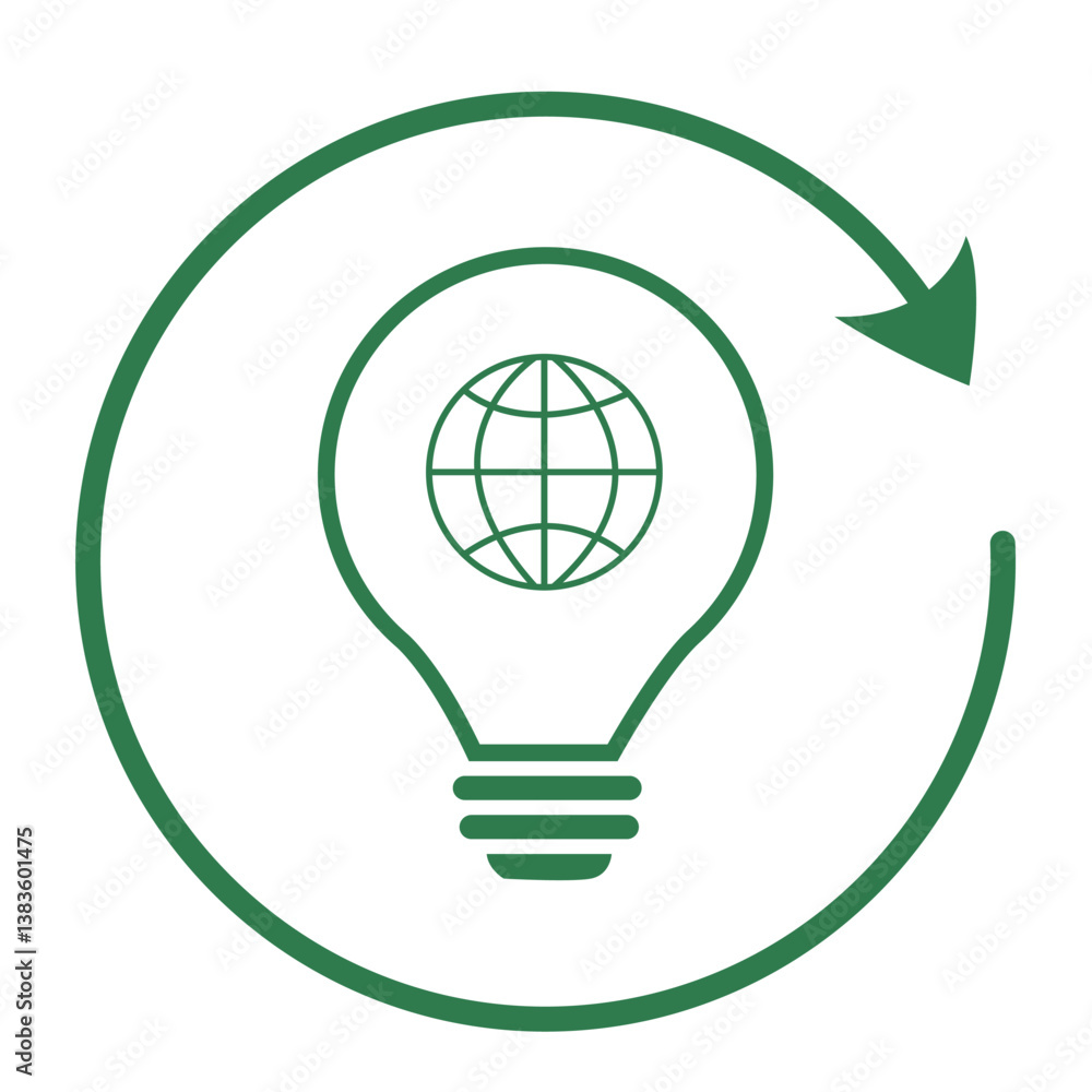 Green vector illustration combining an outline of a light bulb with a globe inside and a circular arrow. Symbolizes renewable ideas, cyclicality, global ecological solutions, green energy Green vector illustration combining an outline of a light bulb with a globe inside and a circular arrow. Symbolizes renewable ideas, cyclicality, global ecological solutions, green energy