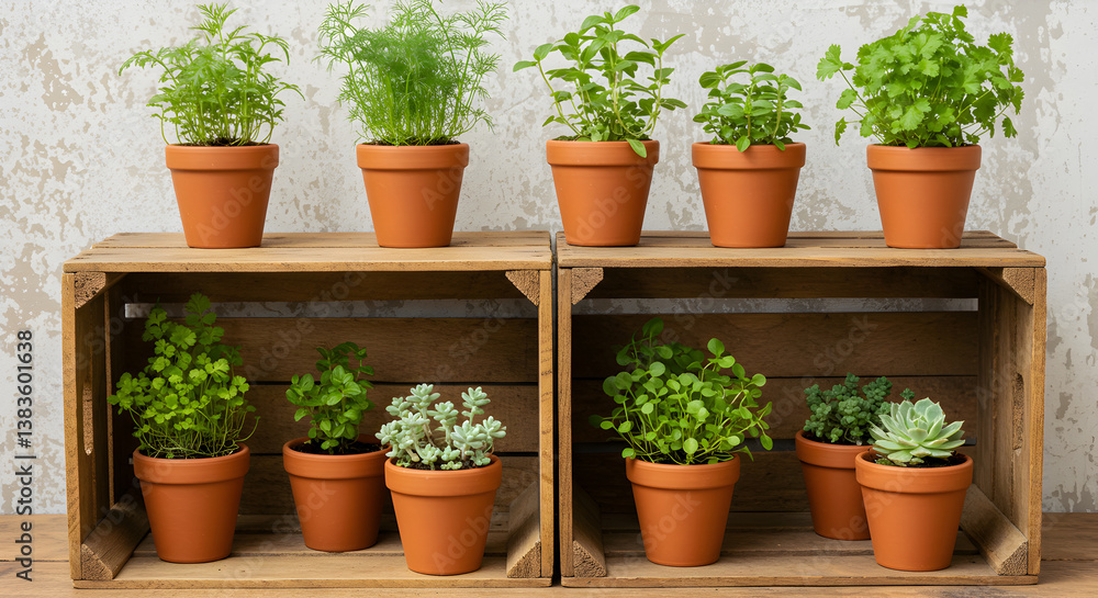 Wooden Crate Shelf Displaying Potted Herbs And Succulents In Rustic Setting Wooden Crate Shelf Displaying Potted Herbs And Succulents In Rustic Setting