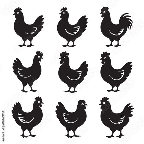   Set of Cartoon Chicken Character Silhouettes in Funny Poses – Collection of Comedic Bird Expressions and Movements for Humor and Animation Projects