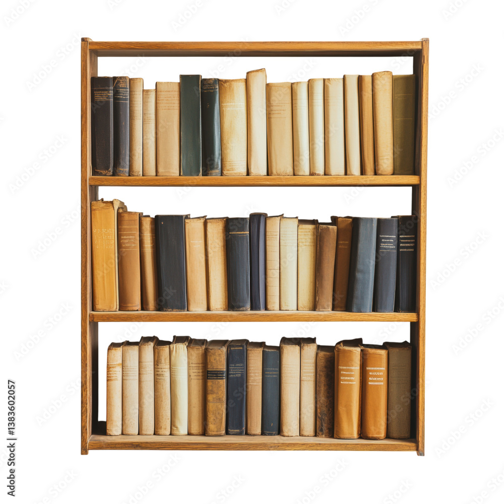 Fototapeta premium Vintage Wooden Bookshelf with Assorted Hardcovers and Spines