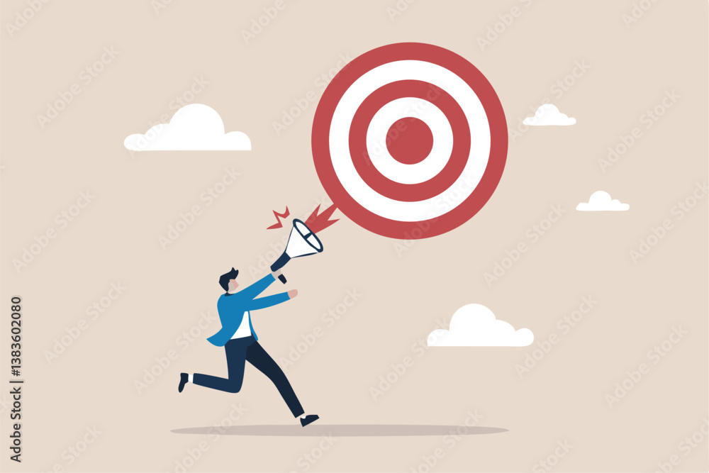 Announce new year goal, resolution or business objective, target or purpose, motivation to success or challenge, business agenda concept, businessman announce new goal or target with megaphone. Announce new year goal, resolution or business objective, target or purpose, motivation to success or challenge, business agenda concept, businessman announce new goal or target with megaphone.