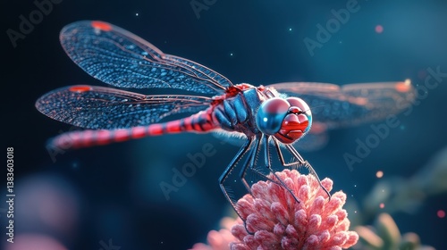 A vibrant dragonfly perched on a pink flower, showcasing nature's beauty.