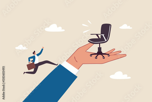 Employment opportunity, career path or motivation on job promotion position, ambition to reach career achievement, candidate to find new job concept, businessman run up big hand to new office chair.