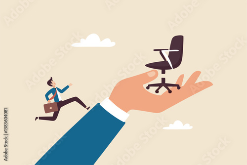 Employment opportunity, career path or motivation on job promotion position, ambition to reach career achievement, candidate to find new job concept, businessman run up big hand to new office chair.