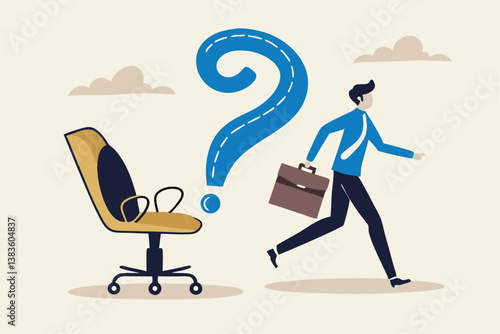 Search for new job position, career path or employment vacancy, change job decision or work opportunity, recruitment or hiring concept, businessman candidate thinking with office chair question mark.
