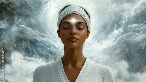 Tranquil woman in white attire with activated third eye at her third eye chakra, third eye opening, third eye awakening, clairvoyance, intuition