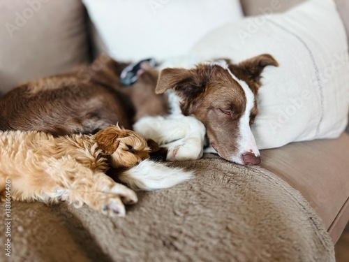 Sticker Two adorable dogs sleeping deeply and peacefully on the sofa.