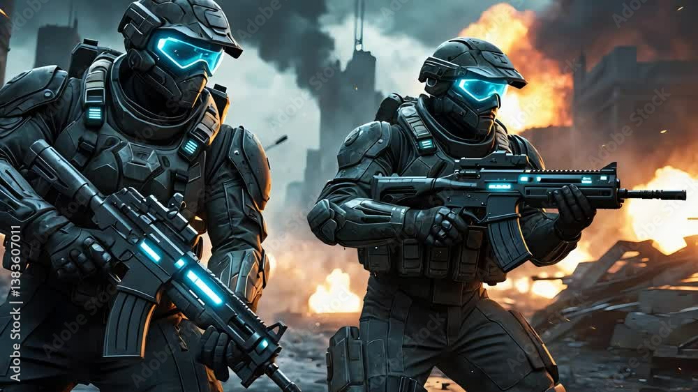 Futuristic armed soldiers in high-tech armor with glowing visors and rifles advancing through a burning war-torn city battlefield
Futuristic armed soldiers in high-tech armor with glowing visors and rifles advancing through a burning war-torn city battlefield