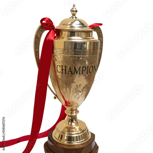 A vector illustration of a A golden cricket trophy with a red ribbon wrapped around it, symbolizing victory. Add engraved text saying "Champion."