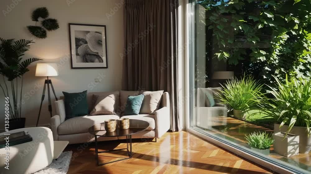 Salon moderne lumineux avec grandes baies vitrées ouvertes sur un jardin fleuri, décoration cosy et plantes vertes, ambiance haut de gamme en fin de matinée