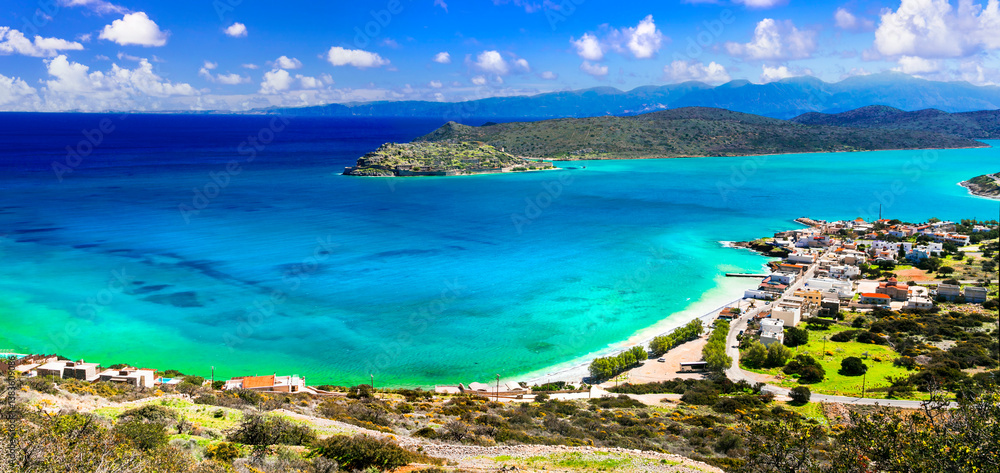 Greece. perfect summer destinations. Crete. View of Spinalonga island from Plaka beach. Scenic nature and beautiful beach scenery