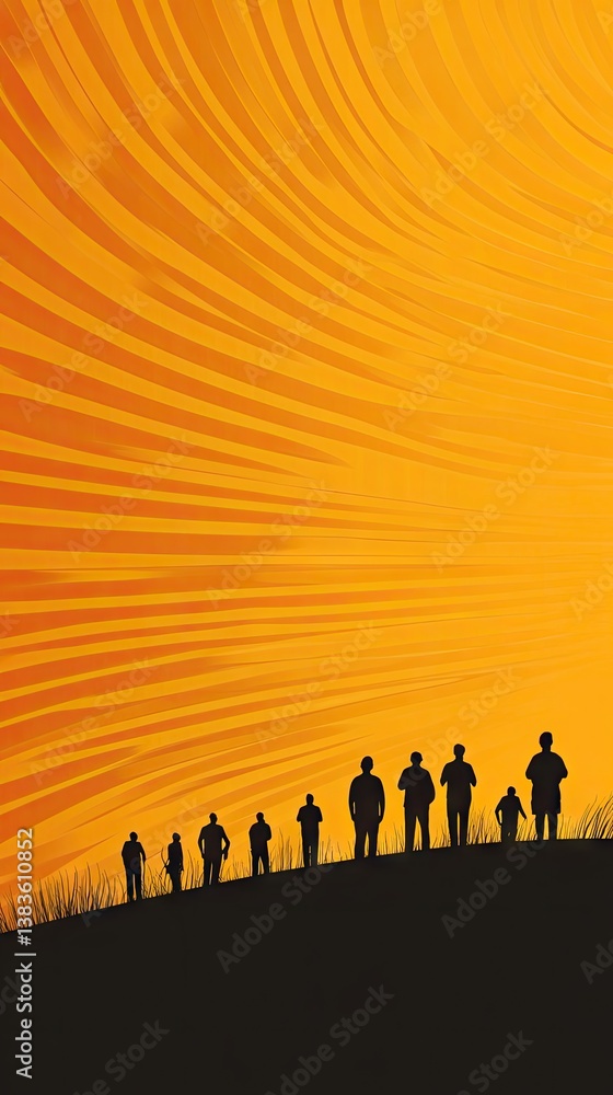 Silhouette figures on a hilltop, orange background Silhouette figures on a hilltop, orange background