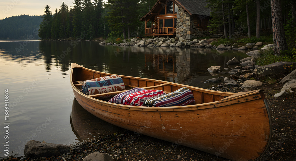 Obraz premium Peaceful Lakeside Retreat Featuring a Canoe and Cozy Cabin Scene