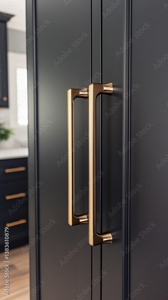 Modern gold-toned cabinet handles elegantly mounted on sleek dark gray kitchen cabinetry, showcasing contemporary interior design details and sophisticated hardware craftsmanship