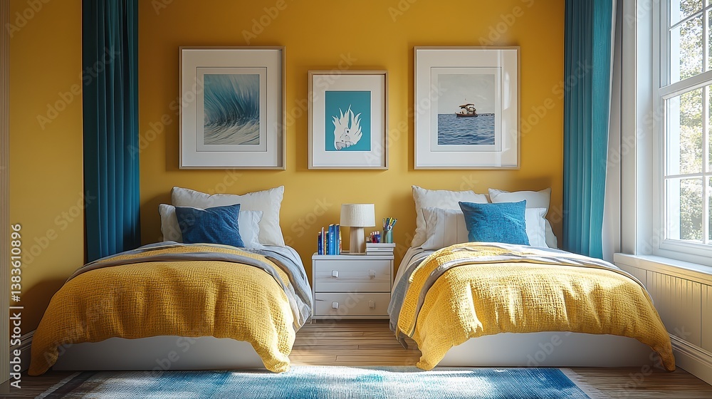 Fototapeta premium Twin beds in kids room with mustard, teal bedding, framed prints, toy chest, soft sunlight through city apartment window creates cozy symmetry