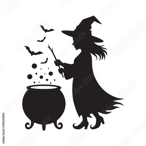  Silhouette of a Witch Brewing Magic Potion in Cauldron with Wand and Flying Bats – Halloween Fantasy Illustration of Female Sorceress Performing Spells