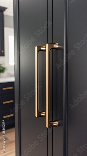 Obraz na płótnie Modern gold-toned cabinet handles elegantly mounted on sleek dark gray kitchen cabinetry, showcasing contemporary interior design details and sophisticated hardware craftsmanship w salonie