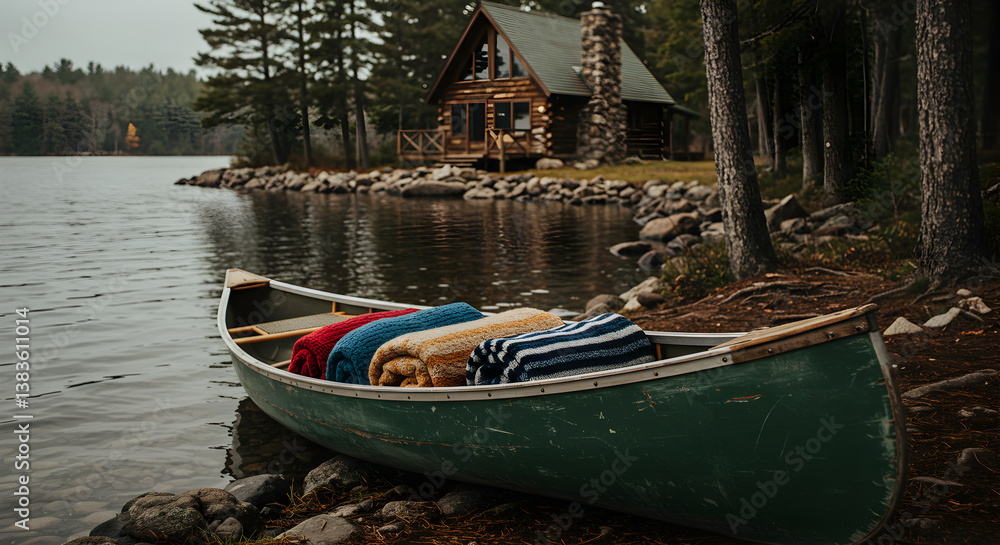 Obraz premium Cozy Lakeside Cabin Retreat with Weathered Canoe and Soft Blankets For Relaxing Time