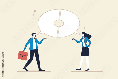 Communicate solution to solve problem, agreement, teamwork or cooperation, conversation message, meeting or discussion concept, business people communicate with connected jigsaw puzzle speech bubble.