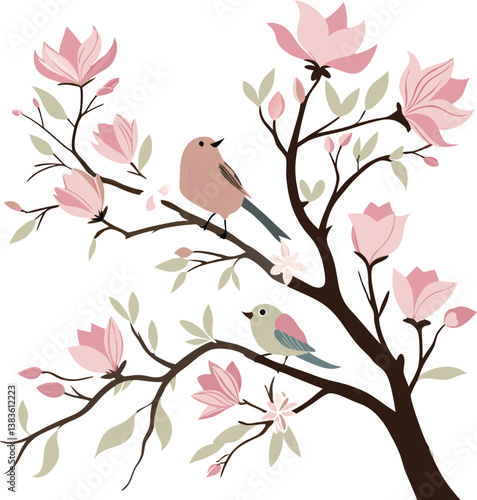 Two Birds Perched on a Magnolia Tree Branch.