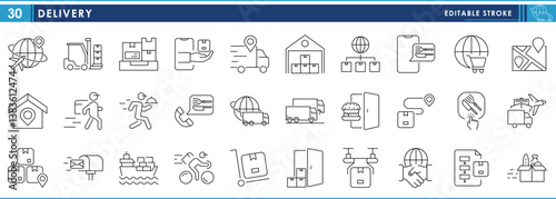 A set of line icons related to Delivery. Deliver, cargo, transport, land, sea, air, shopping, food, mail, and so on. Vector editable stroke.