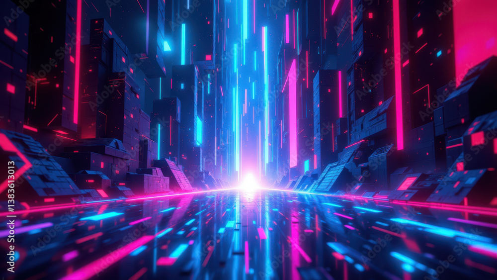 Futuristic cybernetic digital tunnel with neon lights emphasizing internet security. Futuristic cybernetic digital tunnel with neon lights emphasizing internet security.