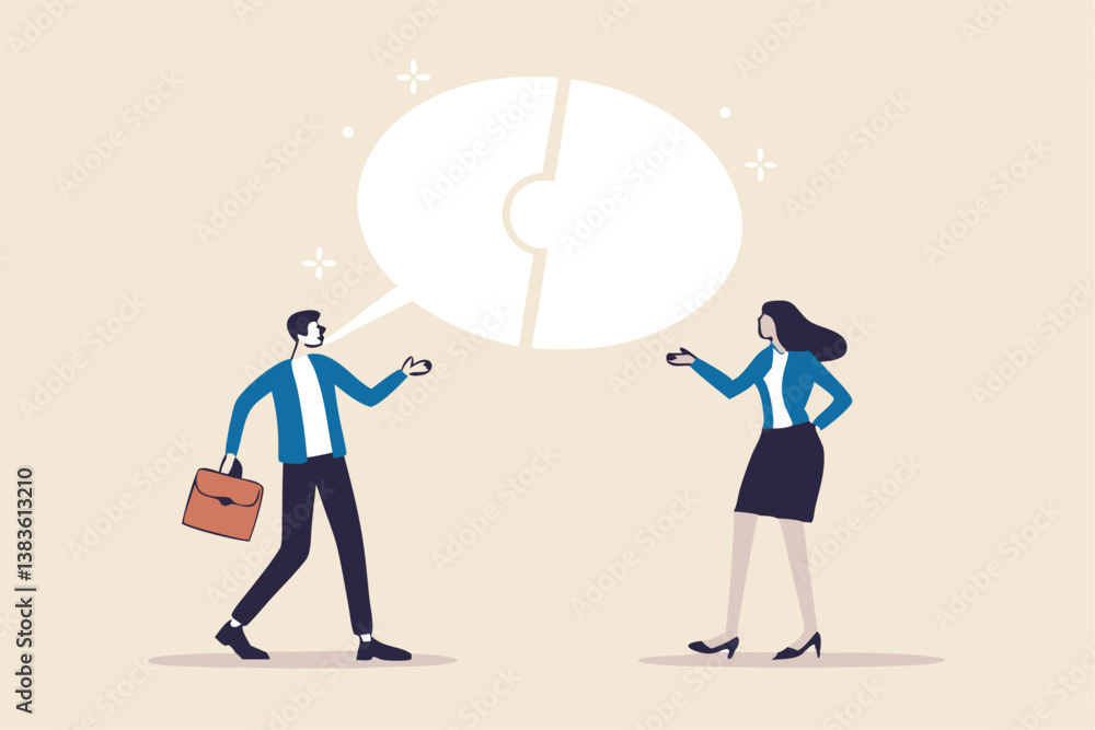 Communicate solution to solve problem, agreement, teamwork or cooperation, conversation message, meeting or discussion concept, business people communicate with connected jigsaw puzzle speech bubble. Communicate solution to solve problem, agreement, teamwork or cooperation, conversation message, meeting or discussion concept, business people communicate with connected jigsaw puzzle speech bubble.