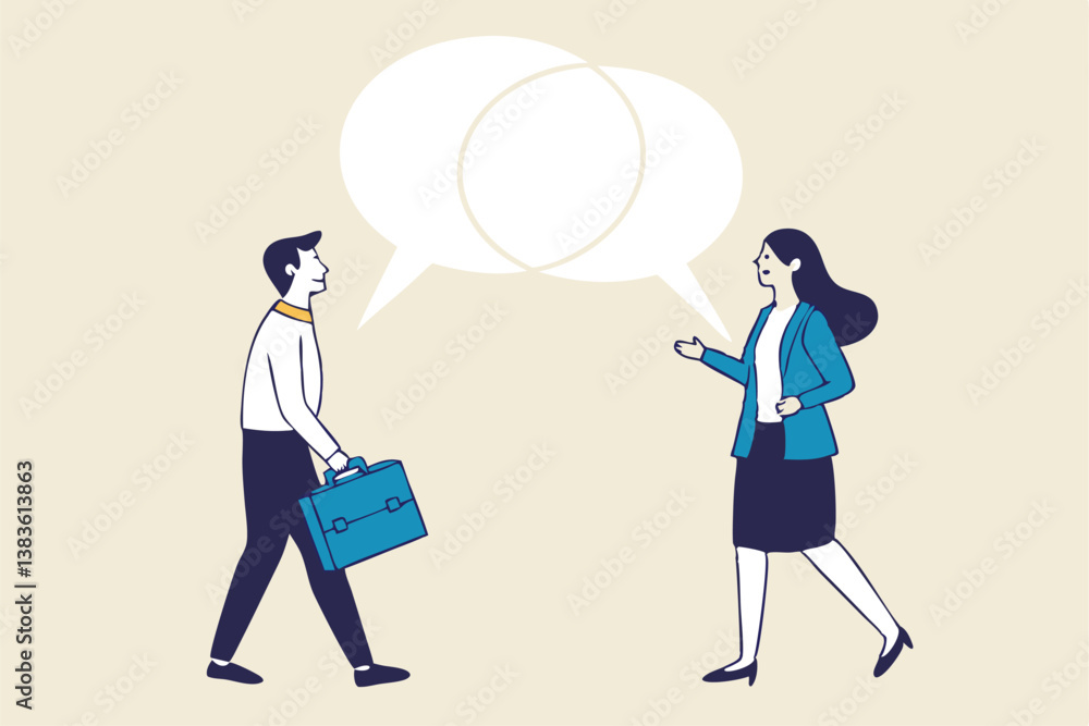 Communicate solution to solve problem, agreement, teamwork or cooperation, conversation message, meeting or discussion concept, business people communicate with connected jigsaw puzzle speech bubble.