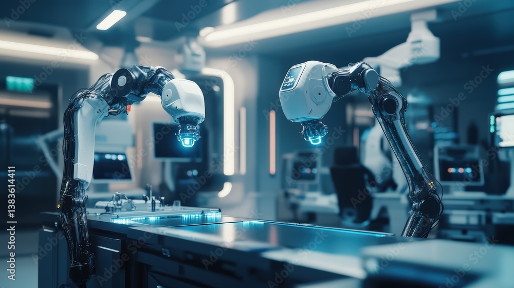 Two advanced robots collaborating on a table in a state-of-the-art futuristic hospital for enhanced patient care Two advanced robots collaborating on a table in a state-of-the-art futuristic hospital for enhanced patient care