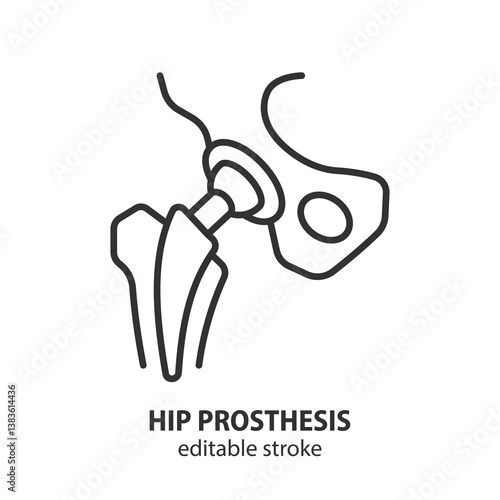 Hip joint with prosthesis line icon. Hip replacement symbol. Vector illustration. Editable stroke.