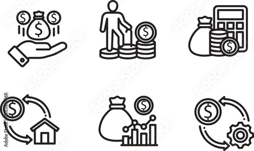 Finance icons. Money signs. Simple Set of Money Related Vector Line Icons. Moneybag or stash. Piggy bank flat style - stock vector.