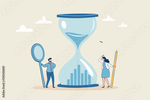 Time management or employee timesheet analysis, time tracking efficiency or productivity, working hour or project schedule concept, business people project manager analyze time graph in sandglass.