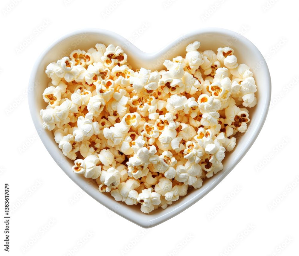 Heart-shaped bowl of popcorn home movie night snack cozy isolated on transparent background, png Heart-shaped bowl of popcorn home movie night snack cozy isolated on transparent background, png