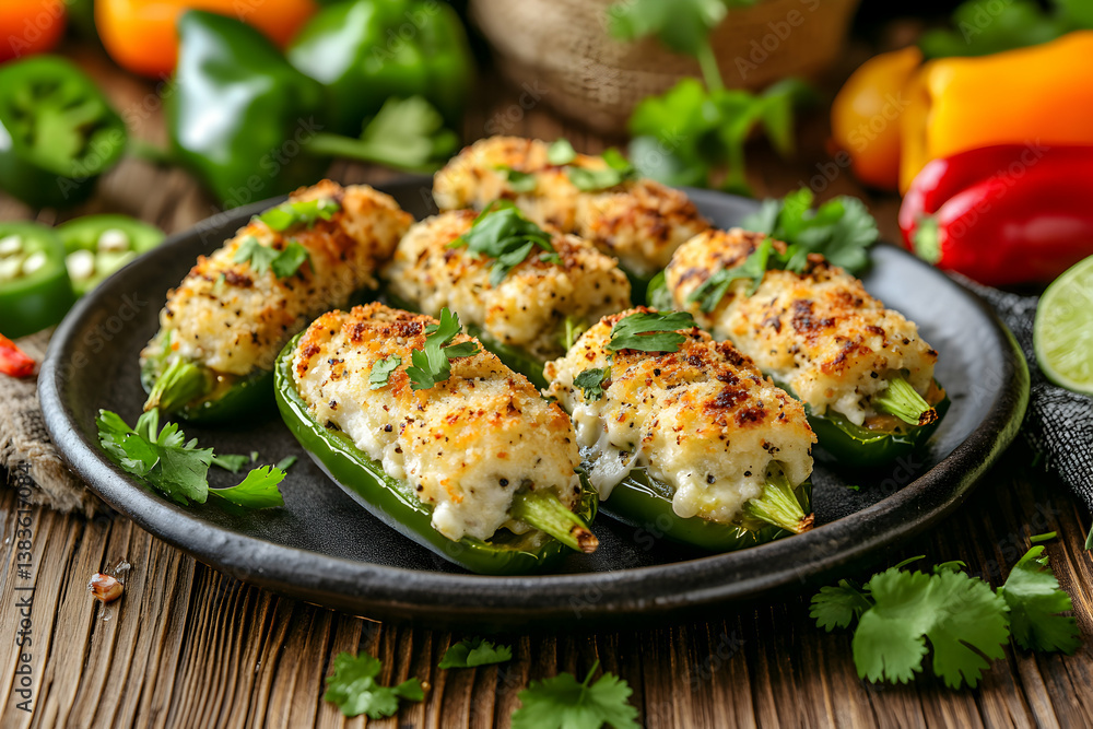 Stuffed Jalapeno Peppers with Creamy Filling Garnished with Fresh Herbs on a Rustic Plate Stuffed Jalapeno Peppers with Creamy Filling Garnished with Fresh Herbs on a Rustic Plate