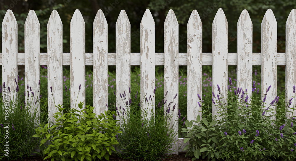 Weathered White Picket Fence Bordering a Charming Herb Garden Scene Weathered White Picket Fence Bordering a Charming Herb Garden Scene